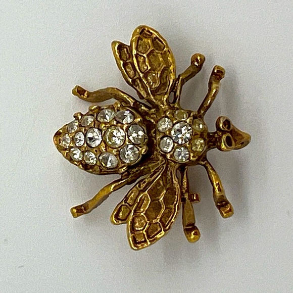 Vintage Gold-Tone Bee Brooch with Rhinestones – Small Insect Pin - Picture 1 of 5